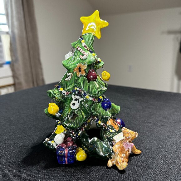 Vtg 7.5" Ceramic Iridescent Christmas Tree Tea Light Cutouts - Picture 1 of 3